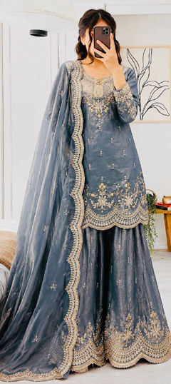 Black and Grey color Salwar Kameez in Tissue fabric with Embroidered, Sequence work