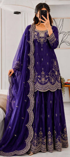 Blue color Salwar Kameez in Tissue fabric with Embroidered, Sequence work