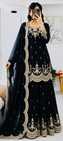 Black and Grey color Salwar Kameez in Tissue fabric with Embroidered, Sequence work