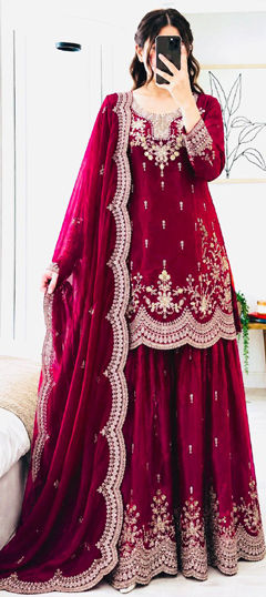 Pink and Majenta color Salwar Kameez in Tissue fabric with Embroidered, Sequence work