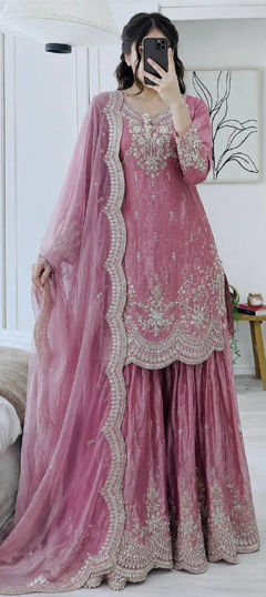 Pink and Majenta color Salwar Kameez in Tissue fabric with Embroidered, Sequence work