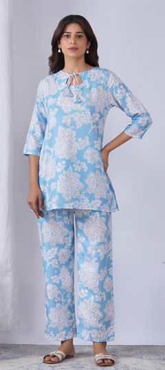 Blue color Co-ords Set in Rayon fabric with Printed work