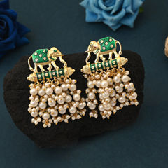 Gold Rodium Polish Green color Earrings in Metal Alloy studded with Pearl
