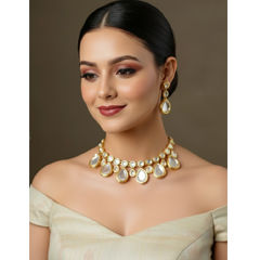 Gold Rodium Polish White and Off White color Necklace in Metal Alloy studded with CZ Diamond