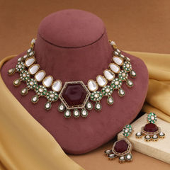 Gold Rodium Polish Red and Maroon color Necklace in Metal Alloy studded with CZ Diamond