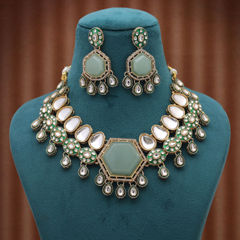 Gold Rodium Polish Green color Necklace in Metal Alloy studded with CZ Diamond