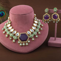 Gold Rodium Polish Purple and Violet color Necklace in Metal Alloy studded with CZ Diamond