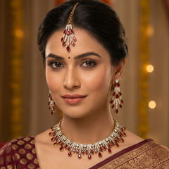 Gold Rodium Polish Red and Maroon color Necklace in Metal Alloy studded with CZ Diamond