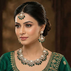 Gold Rodium Polish Green color Necklace in Metal Alloy studded with CZ Diamond