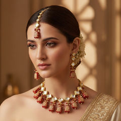 Gold Rodium Polish Red and Maroon color Necklace in Brass studded with CZ Diamond