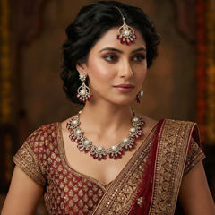Gold Rodium Polish Red and Maroon color Necklace in Metal Alloy studded with CZ Diamond