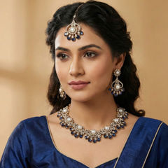 Gold Rodium Polish Blue color Necklace in Metal Alloy studded with CZ Diamond