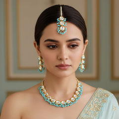 Gold Rodium Polish Blue color Necklace in Brass studded with CZ Diamond
