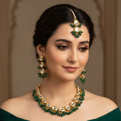 Gold Rodium Polish Green color Necklace in Brass studded with CZ Diamond