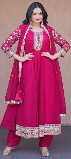 Pink and Majenta color Salwar Kameez in Faux Georgette fabric with Embroidered, Sequence, Zari work