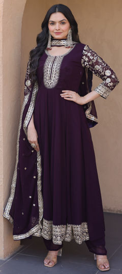 Purple and Violet color Salwar Kameez in Faux Georgette fabric with Embroidered, Sequence, Zari work