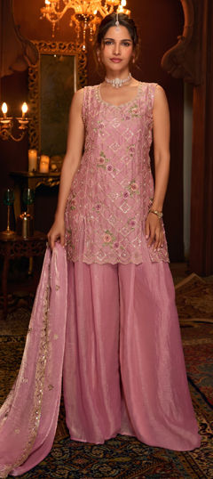 Pink and Majenta color Salwar Kameez in Tissue fabric with Embroidered, Sequence work