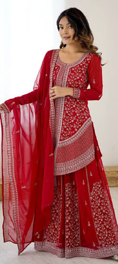 Red and Maroon color Salwar Kameez in Faux Georgette fabric with Embroidered, Sequence, Thread work