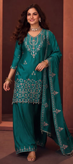 Blue color Salwar Kameez in Chinon Silk fabric with Embroidered, Sequence work