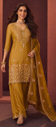 Yellow color Salwar Kameez in Chinon Silk fabric with Embroidered, Sequence work