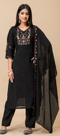 Black and Grey color Salwar Kameez in Mul Cotton fabric with Embroidered, Sequence work