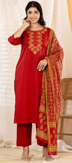 Red and Maroon color Salwar Kameez in Cotton fabric with Embroidered work