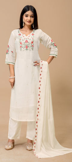 White and Off White color Salwar Kameez in Mul Cotton fabric with Embroidered, Sequence work