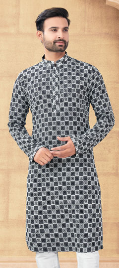 Black and Grey, White and Off White color Kurta in Rayon fabric with Embroidered work
