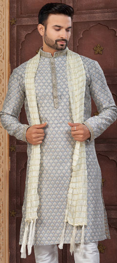 Black and Grey color Kurta in Banarasi Silk, Jacquard fabric with Lace, Thread work