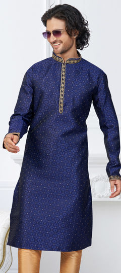 Blue color Kurta in Banarasi Silk, Jacquard fabric with Lace, Thread work