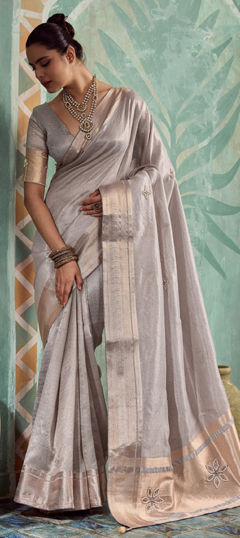 Black and Grey color Saree in Tissue fabric with Cut Dana, Embroidered, Sequence, Thread work