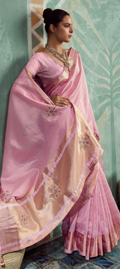 Pink and Majenta color Saree in Tissue fabric with Cut Dana, Embroidered, Sequence, Thread work