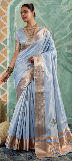 Blue color Saree in Tissue fabric with Cut Dana, Embroidered, Sequence, Thread work