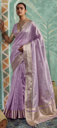 Purple and Violet color Saree in Tissue fabric with Cut Dana, Embroidered, Sequence, Thread work