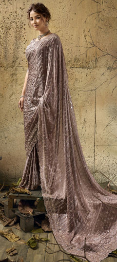 Purple and Violet color Saree in Satin, Velvet fabric with Bugle Beads, Moti, Sequence, Zari work