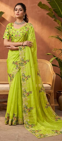 Green color Saree in Silk fabric with Embroidered, Sequence work