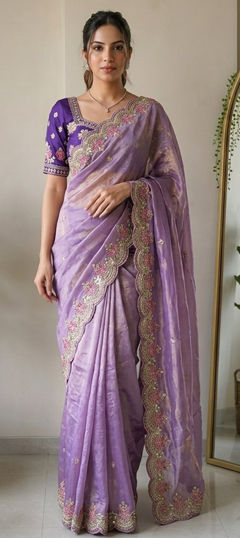 Purple and Violet color Saree in Satin Silk, Tissue fabric with Embroidered work