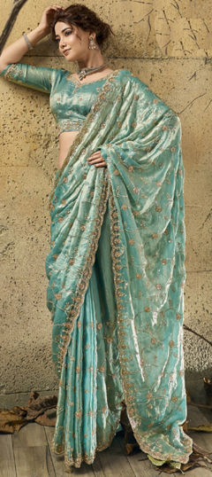Blue color Saree in Satin, Velvet fabric with Bugle Beads, Moti, Sequence, Zari work