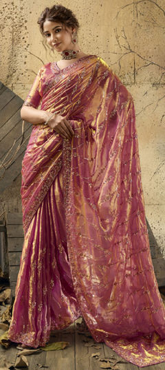 Pink and Majenta color Saree in Satin, Velvet fabric with Bugle Beads, Moti, Sequence, Zari work