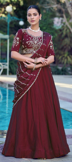 Red and Maroon color Lehenga in Crushed Silk fabric with Embroidered, Sequence work