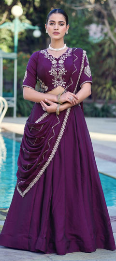 Purple and Violet color Lehenga in Crushed Silk fabric with Embroidered, Sequence work