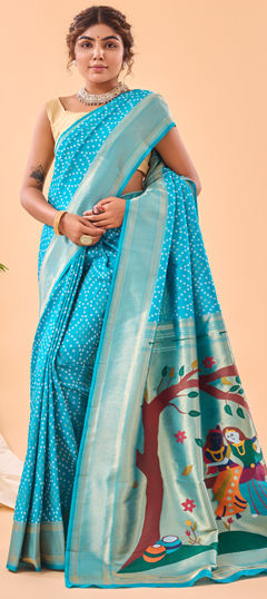 Blue color Saree in Silk fabric with Bandhej, Printed, Weaving work