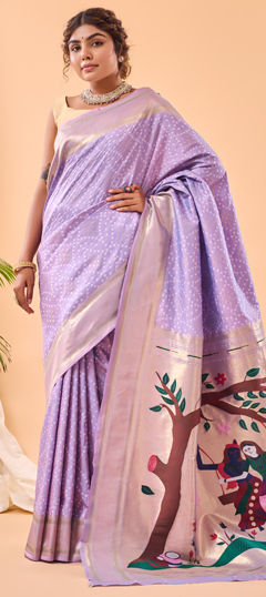 Purple and Violet color Saree in Silk fabric with Bandhej, Printed, Weaving work