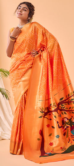 Yellow color Saree in Silk fabric with Bandhej, Printed, Weaving work