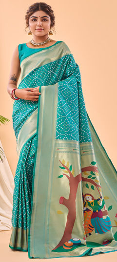 Blue color Saree in Silk fabric with Bandhej, Printed, Weaving work