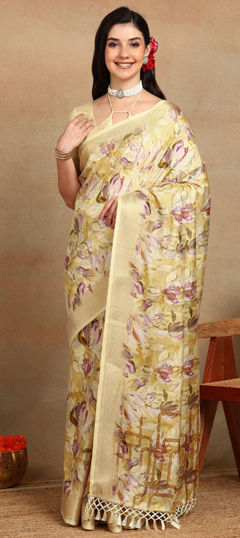 Yellow color Saree in Silk cotton fabric with Floral, Printed, Zari work