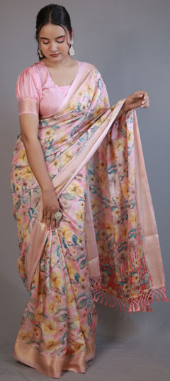 Pink and Majenta color Saree in Silk cotton fabric with Floral, Printed, Zari work
