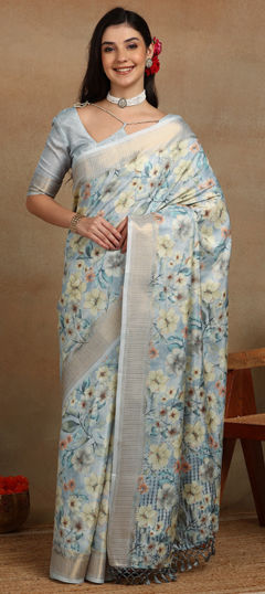 Blue color Saree in Silk cotton fabric with Floral, Printed, Zari work