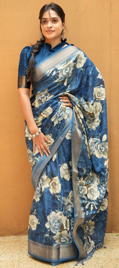 Blue color Saree in Silk cotton fabric with Floral, Printed, Zari work