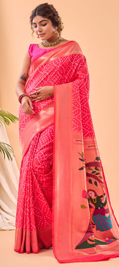 Pink and Majenta color Saree in Silk fabric with Bandhej, Printed, Weaving work